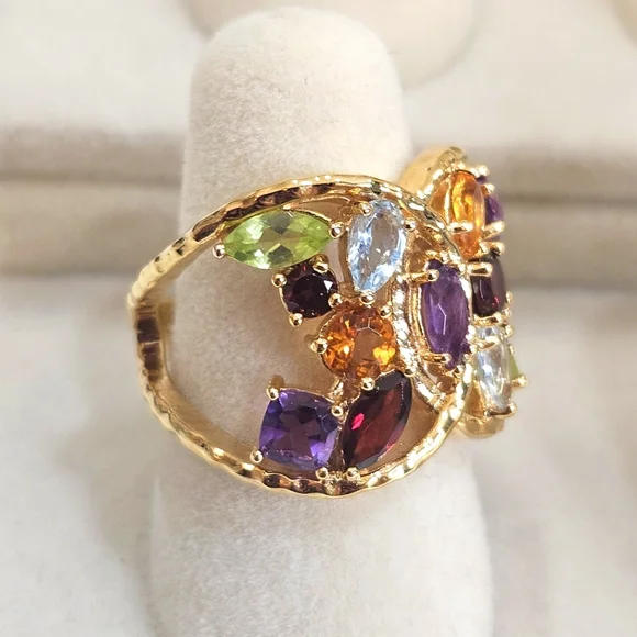 Sterling Silver Vermeil Gold Multicolor Gemstone Cluster Ring Size 6 US
